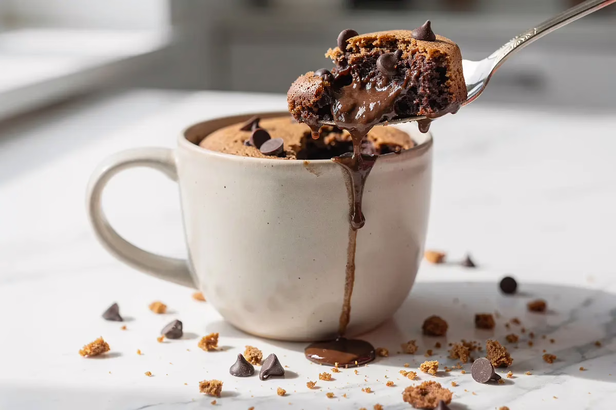 Chocolate chip mug cake with gooey melted chocolate center in ceramic mug