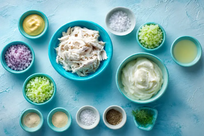 Ingredients for bariatric chicken salad arranged in turquoise bowls
