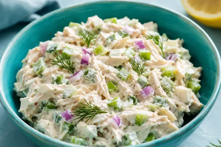 Close-up of creamy bariatric chicken salad in a turquoise serving bowl