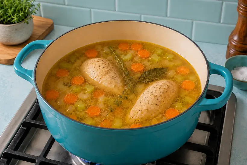 Chicken breasts gently simmering with carrots, celery, and onion in golden broth