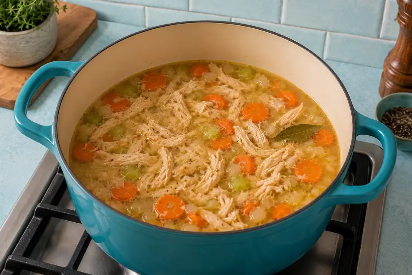 Shredded chicken returned to a turquoise pot of chicken soup with tender vegetables