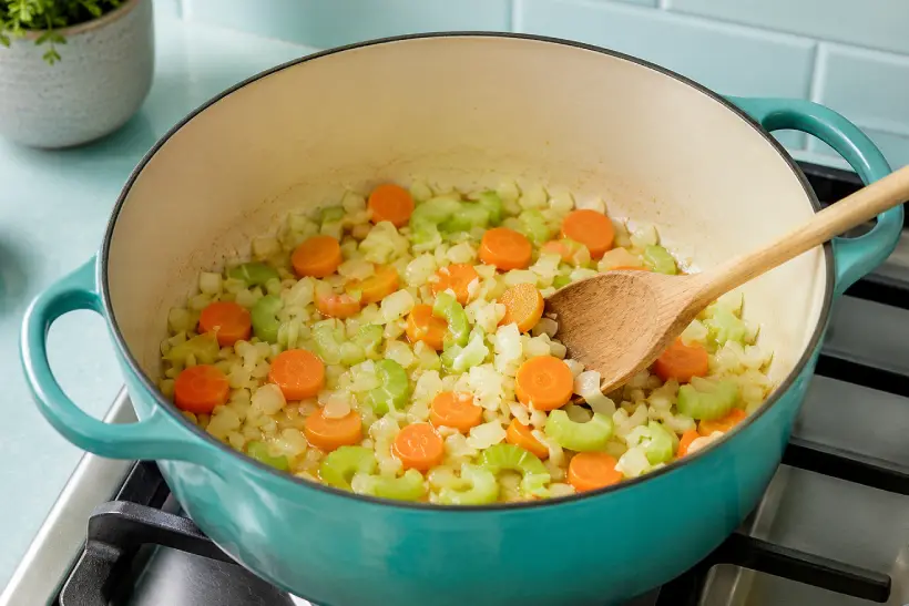 Onion, carrots, and celery cooking gently in a turquoise Dutch oven