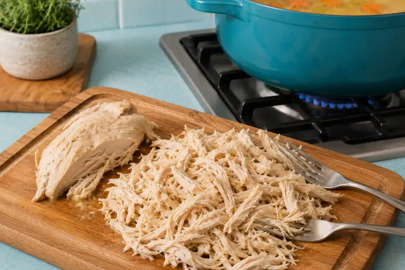Cooked chicken breast being finely shredded with two forks on a wooden cutting board