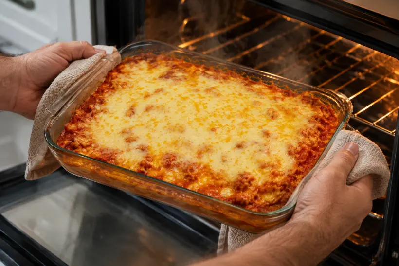 Freshly baked chicken enchilada casserole being removed from the oven